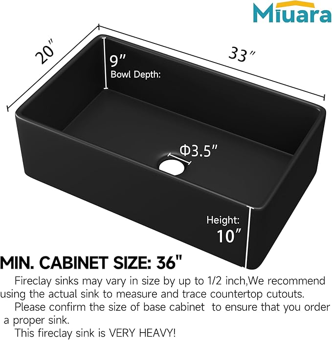 Miuara Black Farmhouse Sink 33 Inch - Large Apron Front Undermount Kitchen Sink 33x20x10, Farm House Style Deep Single Bowl, Heavy Duty Solid Fireclay, Matte Black, for Kitchen