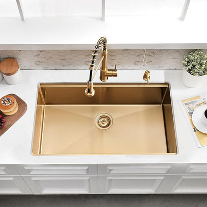 28 Inch Undermount Kitchen Sink Gold - 16 Gauge Gold Satainless Steel Kitchen Sink Undermount 28x18,10 Inch Deep Single Bowl Workstation Sinks with Accessories