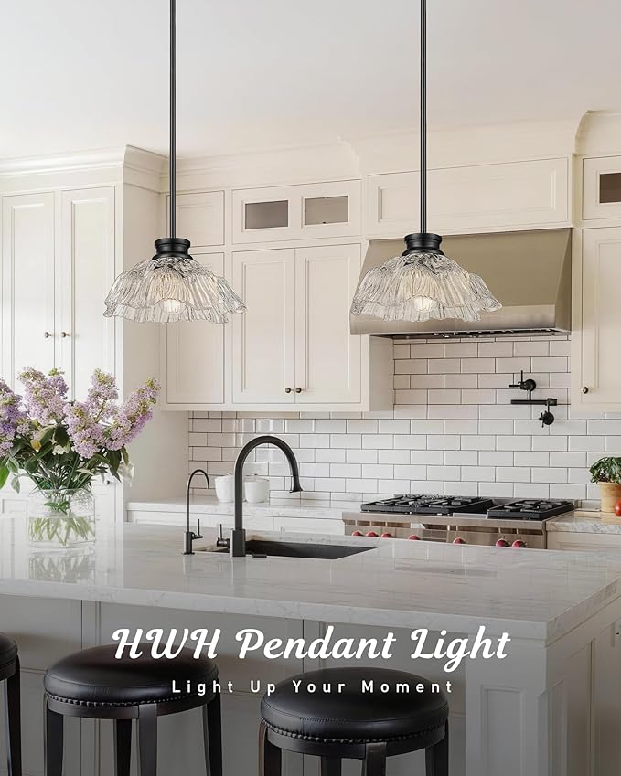 Black Pendant Lights Kitchen Island, HWH Hanging Light Fixtures for Dining Room, Bedroom, 10 Inch Glass Pendant Light with Clear Flower Glass, Matte Black Finish, 5HJX112MIL BK