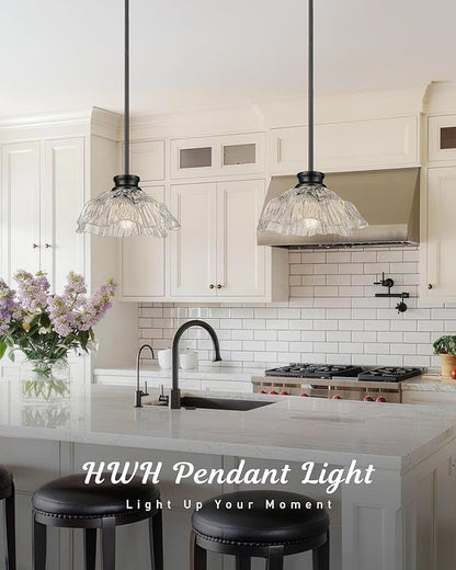 Black Pendant Lights Kitchen Island, HWH Hanging Light Fixtures for Dining Room, Bedroom, 10 Inch Glass Pendant Light with Clear Flower Glass, Matte Black Finish, 5HJX112MIL BK