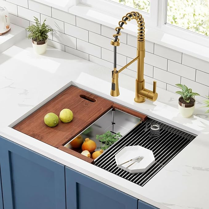 32-inch Undermount Kitchen Sink - CELAENO Single Bowl Stainless Steel Kitchen Sink 18 Gauge,Workstation R10 Radius Handmade 9 Inch Deep Kitchen Sink with Ledge