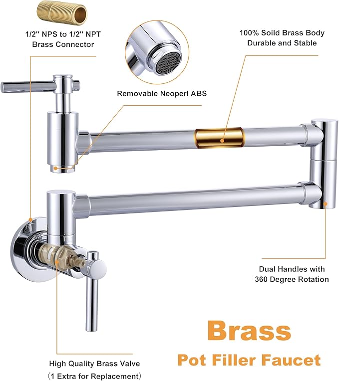 Wall Faucet, Pot Fillers Wall Mount for Kitchen, Solid Copper Chrome Pot Filler Single Hole Folding Faucet with Double Joint Swing Arm Pot Filler Over Stove