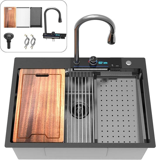 30inch Drop In Waterfall Kitchen Sink Metal Black -Feibus 30x22x10 Sink with Faucet Combo Double Step Workstation 16 Gauge Multifunctional Stainless Steel Single Bowl