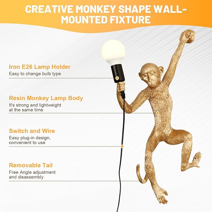 Monkey Wall Lamp, Creative Monkey Shape Plug in Wall Sconces, Resin Retro Indoor Decorative Animal Light Fixture for Bedroom, Living Room, Childrens Room and Home Decoration