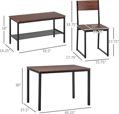 HOMCOM Industrial 4 Piece Dining Room Table Set with Bench Wooden Kitchen Table and Chairs w/Storage Rack for Kitchen, Dinette, Black/Brown