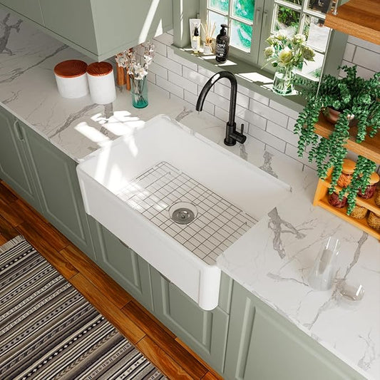 DeerValley Farmhouse Kitchen Sink 30 Inch, Ceramic White Farm Apron Front Sink, Drop in Single Bowl Sinks with Bottom Grid and Strainer
