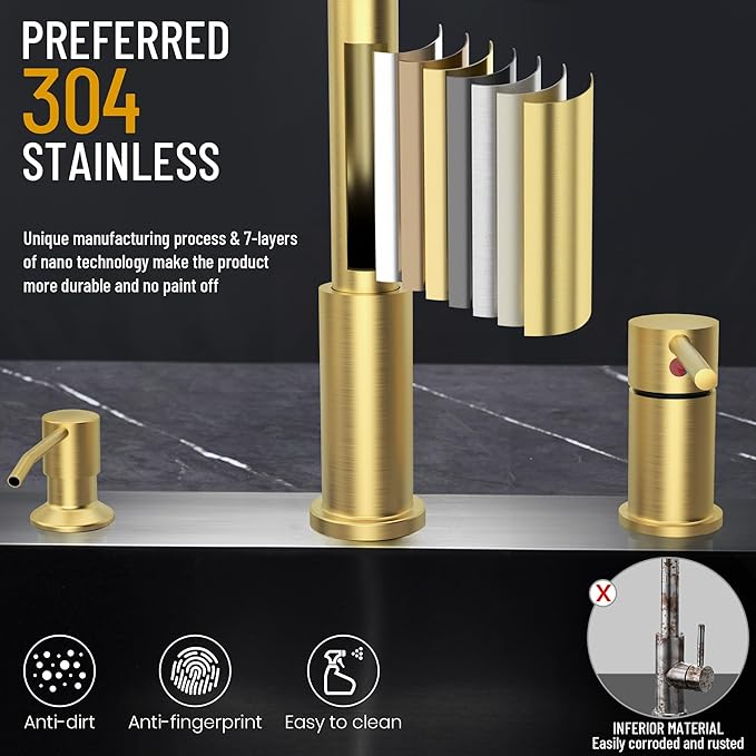 Brass Gold Kitchen Faucet 3 Hole with Soap Dispenser, Gold Kitchen Faucet with Pull Down Sprayer and Separate Single Side Handle 3 Pieces, Stainless Steel High Arc Kitchen Sink Faucet