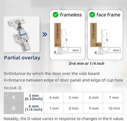 Chibery 30 Pack 1/4" Partial Overlay Soft Close Concealed Hinge for Face Frame ＆ Frameless Door, 3D Adjustment, Clip-on Plate, Slow Self Closing Hidden Satin Nickel, 105° Stainless Steel Hinges, 3/8"