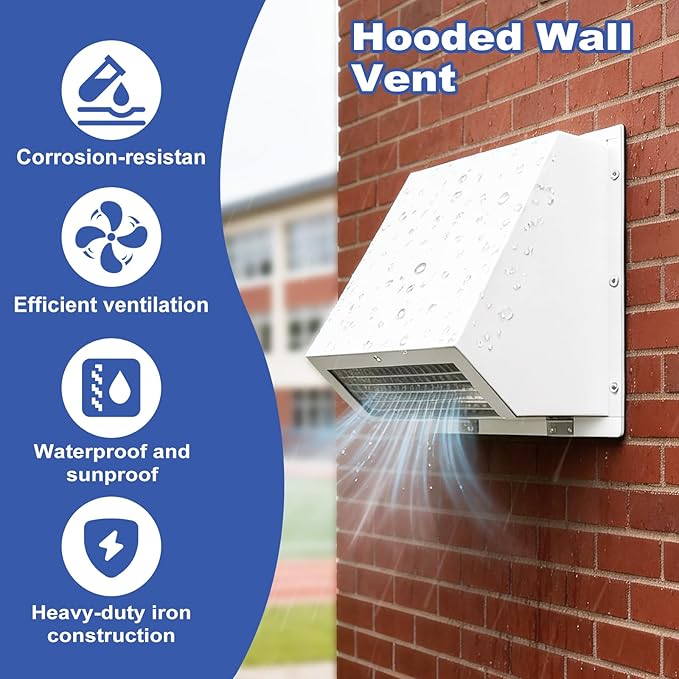 6 Inch Hooded Wall Vent with Screen and Damper, Wall Exhaust Vent Cover, 6 Inch Range Hood Wall Vent Cap, Outdoor Hooded Wall Vent for Dryer Vent, Range Hood, Kitchen, White