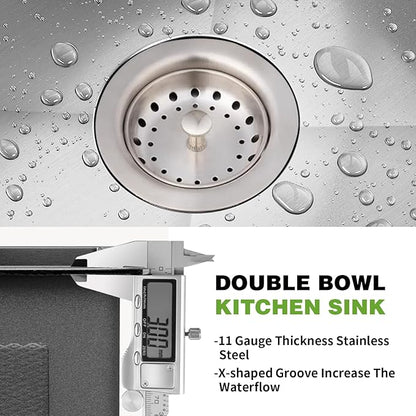 Stainless Steel 50/50 Double Bowl 33x22x9 Inch Drop In Kitchen Sink - Topmount Modern Style, Combo-Sink Grid, Silicon Mat, Drain Assembly