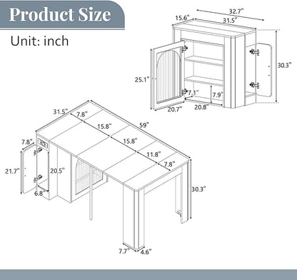 15.6"-59" L x 32.7” W Extendable Dining Table with 3 Removable Middle Leaves Arched Glass Door Power Outlet USB Ports Leveling Feet MDF Kitchen Island Bar Table for Small Spaces Grey-Blue,Natural