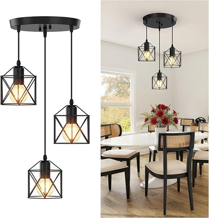 3 Light Pendant Lighting, Farmhouse Hanging Light Fixture for Kitchen Island & Dining Room, Industrial Vintage Ceiling Lamp with E26 Base, Adjustable Height, Matte Black
