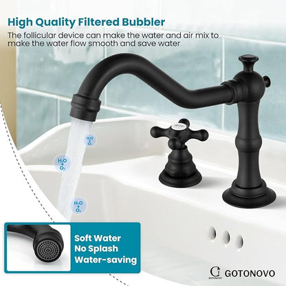 gotonovo Bathroom Faucet 3 Hole 8 Inch Widespread Bathroom Sink Faucet 2 Cross Handles Vintage Lavatory Vanity Mixer Tap with Pop Up Drain, HOT Cold Label, Matte Black