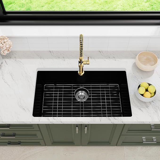 Davivy 30 X 18 Black Granite Composite Kitchen Sink,30 Inch Black Kitchen Sink, Undermount & Drop in Installation, Single Bowl with Bottom Grid and Drain Assembly