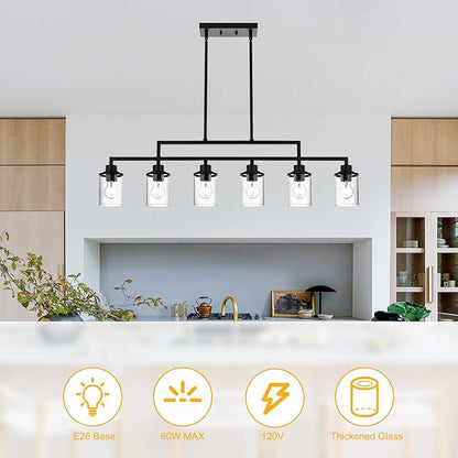 Yaohong 6-Light Black Linear Chandelier for Dining Room, Farmhouse Kitchen Island Light Fixture with Clear Glass Shades, Adjustable Ceiling Hanging Light for Dining Table and Living Room