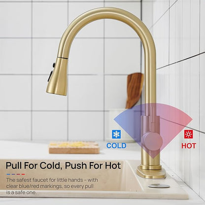 GAGALIFE Brushed Gold Kitchen Faucets with Pull Down Sprayer - High Pressure Blade Spray Kitchen Sink Faucet, High Arc Single Handle Stainless Steel Classic Pull Out Spray Kitchen Faucet 1 or 3 Hole