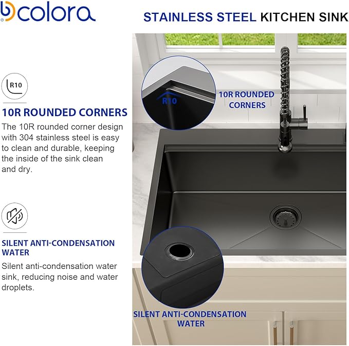 Dcolora 33 in. Black Kitchen Sink Drop In Workstation Sink 16 Gauge 33x22 Black Stainless Steel Nano-Coating Gunmetal Top mount Extra Large Single Bowl Kitchen Sinks, #DC-T7765