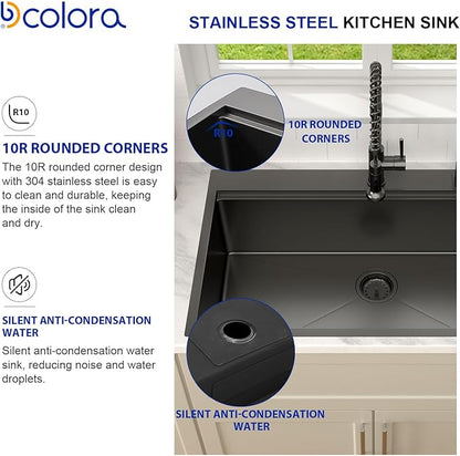 Dcolora 33 in. Black Kitchen Sink Drop In Workstation Sink 16 Gauge 33x22 Black Stainless Steel Nano-Coating Gunmetal Top mount Extra Large Single Bowl Kitchen Sinks, #DC-T7765