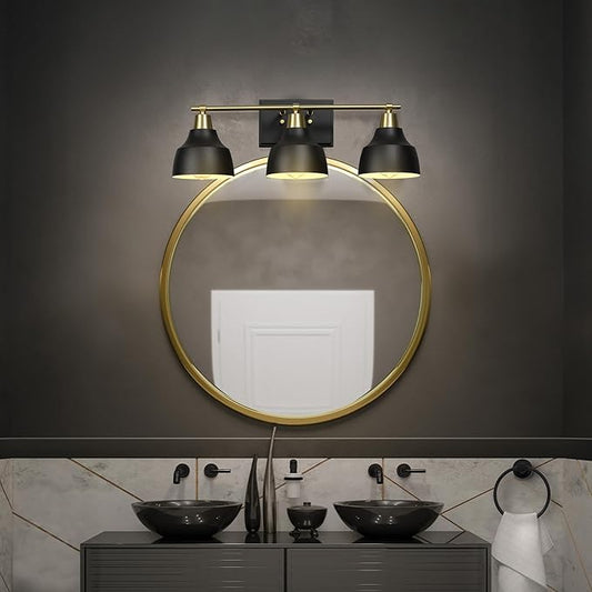 Globe Electric 63000204 5-Piece All-in-One Bathroom Accessory Set, 3-Light Vanity Light, Matte Black & Brass, Towel Bar, Robe Hook, Toilet Paper Holder, Towel Ring, Bath, Bathroom Lights Over Mirror