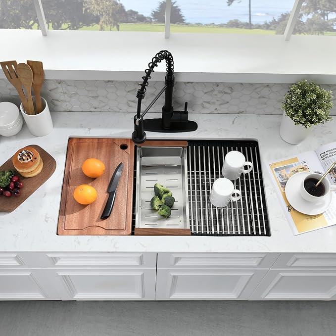 32 Inch Undermount Kitchen Sink Black - 16 Gauge Black Satainless Steel Kitchen Sink Undermount 32x19,10 Inch Deep Single Bowl Workstation Sinks with Accessories