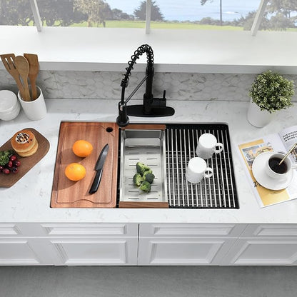 32 Inch Undermount Kitchen Sink Black - 16 Gauge Black Satainless Steel Kitchen Sink Undermount 32x19,10 Inch Deep Single Bowl Workstation Sinks with Accessories