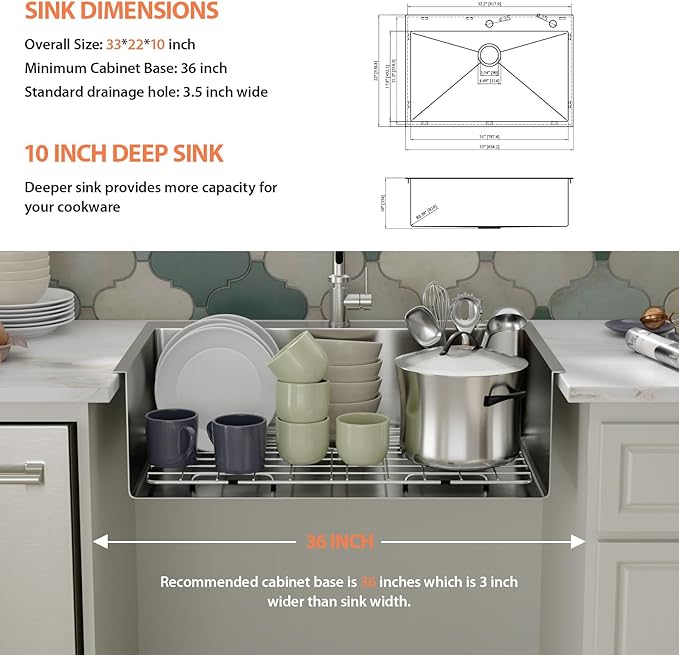 33 Drop In Kitchen Sink - Fuyuoer 33x22 inch Drop in Stainless Steel Sink 16 Gauge Single Bowl 10'' Deep Large Topmount Kitchen Sinks Over Mount, Round Corners