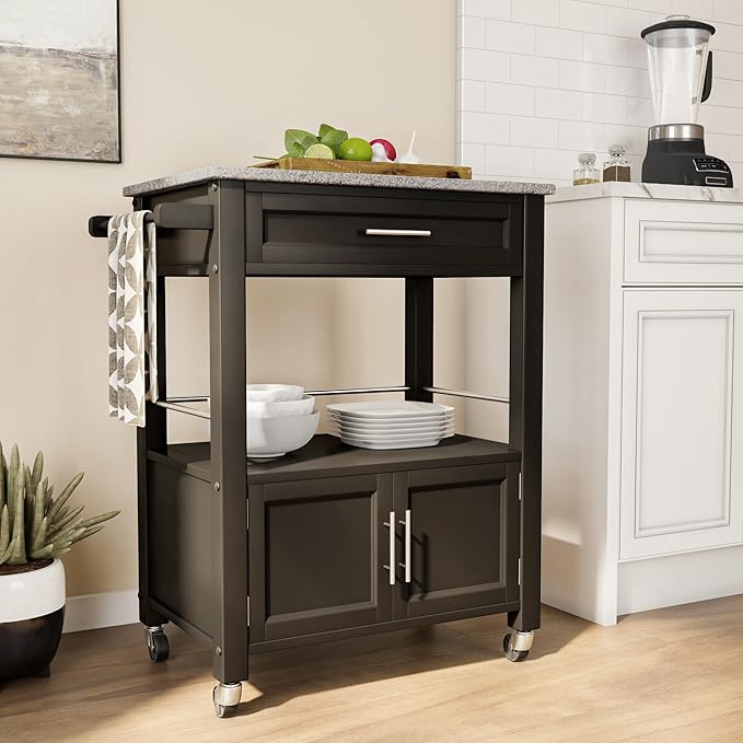 Linon Cameron Granite Top Kitchen Cart, 36.02" x 24.02" x 17.99", Black