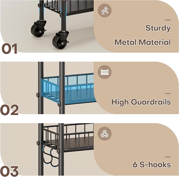 6 Tier Slim Storage Cart with Wheels, Metal Mobile Shelving Unit Organizer Utility Cart for Office Bathroom Kitchen Laundry Room Narrow Places (10inches)