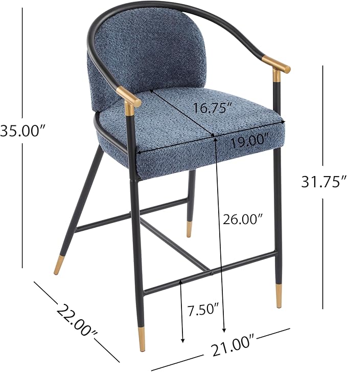 Set of 2 Upholstered Counter Stools - 26" Seat Height Navy Blue Boucle Stools with Sturdy Iron Frame, Gold Trim+Black Base, Contemporary Design for Kitchen Island/Home Bar/Dining Area