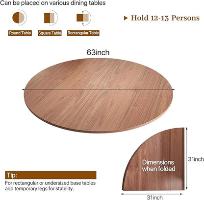 Wood Round Foldable Table Top Only Large Portable Tabletop for Desktop Transformation 47 51 55 59 63 71 inch 4-Fold Folding Round Table Top Extender Space Saving for Family Dinners(Light Walnut,63")