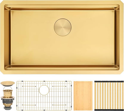 Gold Undermount Kitchen Sink, 16 Guage 304S Stainless Steel Workstation Sinks with Full Set Accessories, 30" x 18" x 6" Single Bowl ADA-Compliant Kitchen Sink, 6 Inch Deep Gold ADA Sink
