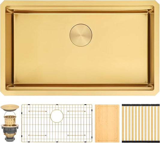 Gold Undermount Kitchen Sink, 16 Guage 304S Stainless Steel Workstation Sinks with Full Set Accessories, 30" x 18" x 6" Single Bowl ADA-Compliant Kitchen Sink, 6 Inch Deep Gold ADA Sink