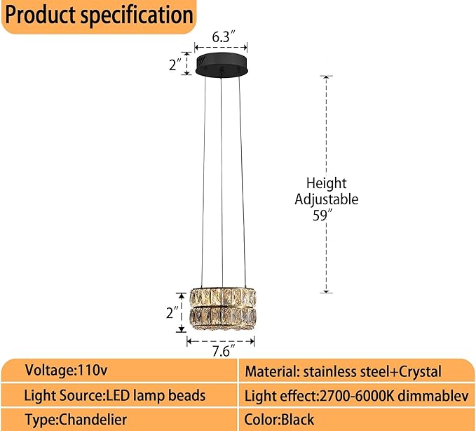 Led Ring Crystal Chandelier, Modern Dimmable Chandeliers Lighting and Hanging Adjustable 7.8'' Black LED Round Ceiling Light Fixtures for Dining Room Living Room