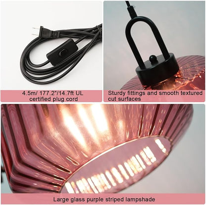 Plug in Hanging Light Glass Globe Pendant Light Plug in Mid Century Modern Pendant Light Fixture with 14.7 ft Cord Purple Striped Glass Shade for Living Dining Room Farmhouse Kitchen
