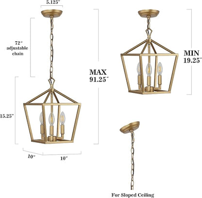 JONATHAN Y 10" Brass Gold 3-Light Pagoda LED Pendant Lantern, Classic Modern Farmhouse Chandelier for Kitchen Island, Dining Room, Entry, Foyer, Rustic Iron Frame (JYL7601B)