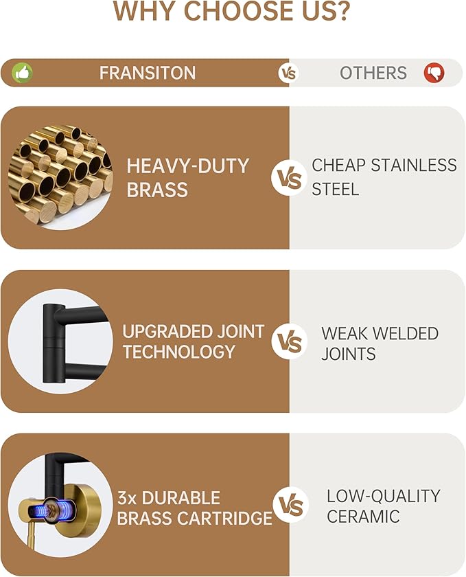 Fransiton Black & Gold Pot Filler, Pot Filler Faucet Wall Mount, Brass Folding Stretchable with Double Joint Swing Arm Single Hole Two Handles Kitchen Restaurant