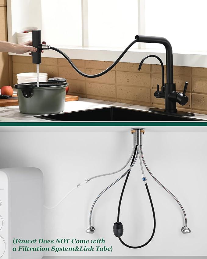Fapully Pull-Down Kitchen Faucets, Matte Black 3 Way Kitchen Sink Faucet with Pull Down Sprayer and Drinking Water Faucet, Include Deck Plate for 1 or 3 Holes