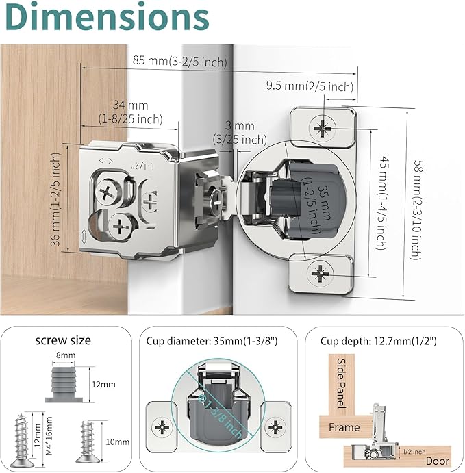 10 Pack 1 1/2" Overlay 3D Soft Close Hinges for Face Frame Kitchen Cabinet, 3 Way Adjust, Self Closing Concealed Cabinet Hinges-105 Degree