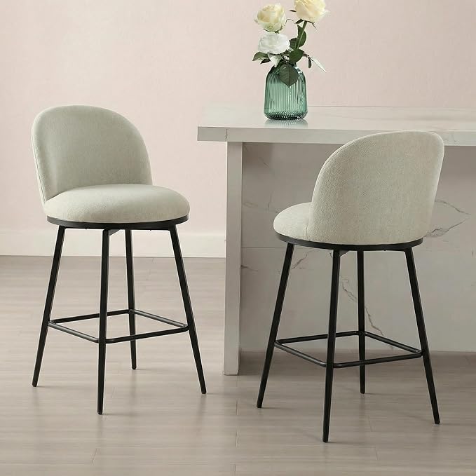 KISLOT Counter Height Swivel Bar Stools Set of 4, 26" Upholstered Linen Fabric Barstools with Backs and Metal Legs for Kitchen Island,Grey