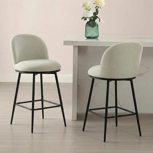 KISLOT Counter Height Swivel Bar Stools Set of 2, 26" Upholstered Linen Fabric Barstools with Backs and Metal Legs for Kitchen Island,Grey