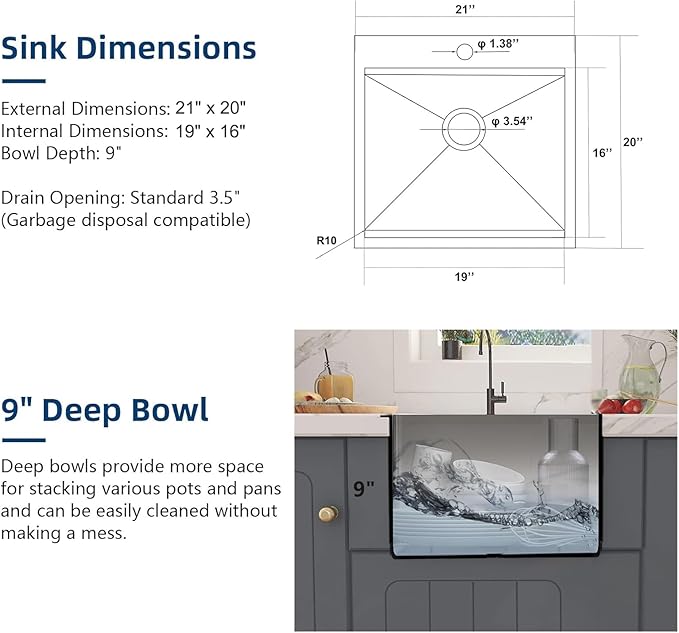 IKEBANA 21x20 inch Black Kitchen Sink, 21 inch Drop in Bar Sink, Stainless Steel 16 Gauge Small Topmount Workstation Sinks, Single Bowl Kitchen Sinks for Prep Rv Laundry Wet Bar With Accessories