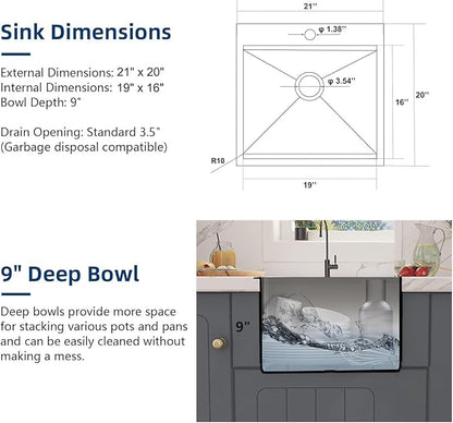 IKEBANA 21x20 inch Black Kitchen Sink, 21 inch Drop in Bar Sink, Stainless Steel 16 Gauge Small Topmount Workstation Sinks, Single Bowl Kitchen Sinks for Prep Rv Laundry Wet Bar With Accessories
