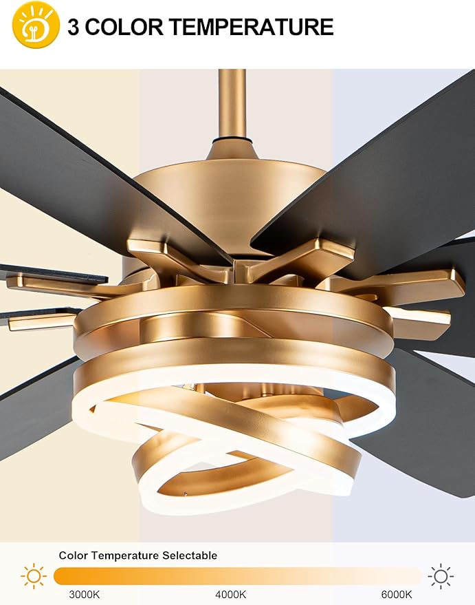 72 Inch Gold Ceiling Fans with Lights Reversible Quiet DC Motor 6 Speeds Large Modern Ceiling Fans with Remote Chandelier Fans for Bedroom Living Room