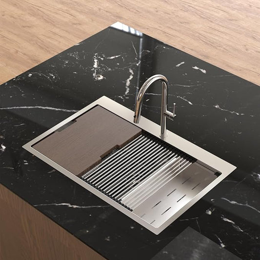 33x22 Drop In Kitchen Sink 16 Gauge Stainless Steel, Workstation Combo with Cutting Board & Washing Colander & Drying Rack, 10Inch Deep Single Bowl Topmount Sinks, 33"x22"x10", Brushed Nickle