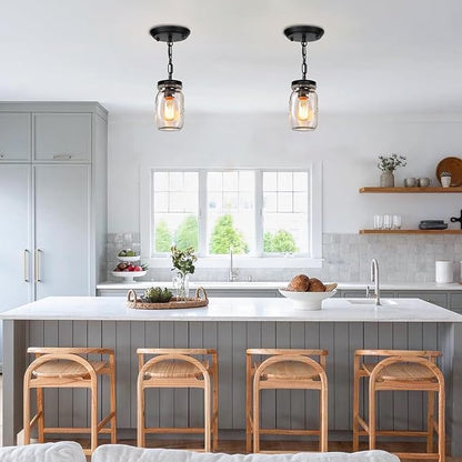 2 Pack Mason Jar Light Fixtures, 1-Light Kitchen Island Light Glass Jar Chandelier Farmhouse Pendant Lighting Fixture Close to Ceiling for Dining Room Sink Barn Foyer Stairway