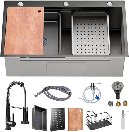 28 x 18 inch Kitchen Sink, Single Bowl Stainless Steel Gunmetal Black Topmount Drop in Sink with Pull-Down Faucet (Black, 2818)
