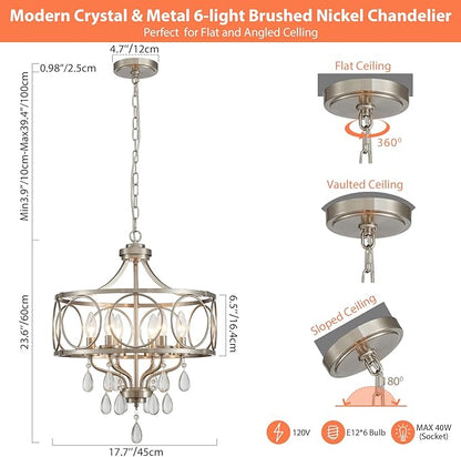 Crystal Chandeliers for Dining Room,17.7" Brushed Nickel 6 Lights Hanging Pendant Lighting Fixture Metal Farmhouse Chandelier for Kitchen Island Entryway Living Room