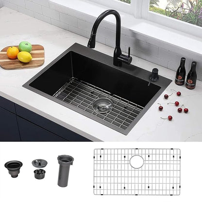 Friho 33x22 Inch Drop in Kitchen Sink Black,16 Gauge Handmade Gunmetal Black Stainless Steel Sink, Topmount Large Single Bowl Basin with Basket Strainer and Dish Grid