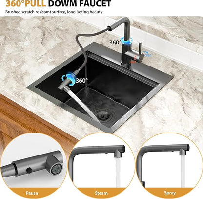 Mocoloo 18 Inch Drop-in Kitchen Sink with Faucet, Black Stainless Steel Bar Sink - 18x18x9 Inch Small Topmount Single Bowl Workstation with Pull-Out Faucet