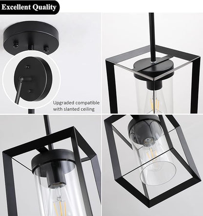 1 Pack Farmhouse Black Kitchen Island Pendant Light Fixture,Height Adjustable Metal Rod Hanging Modern Pendant Lighting with Metal Cage Clear Glass Shade for Entryway Bedroom